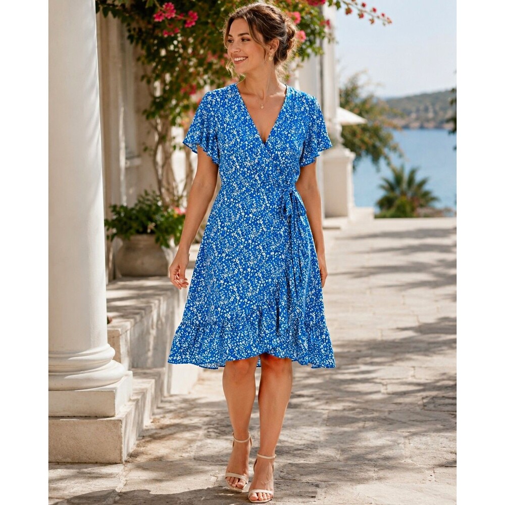 Nagggoo Women’s Blue White Floral Wrap Dress V-Neck Flutter Sleeve Ruffle L